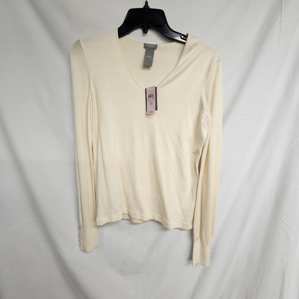 NWT Ann Taylor Ivory Silk Blend V-Neck Sweater Buttons Sz MP Retail $98